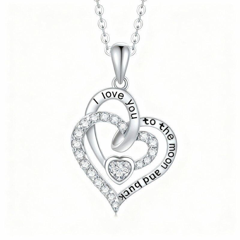Collier pendentif cœur en or blanc 10 carats avec zircon cubique taille ronde et inscription gravée.-17