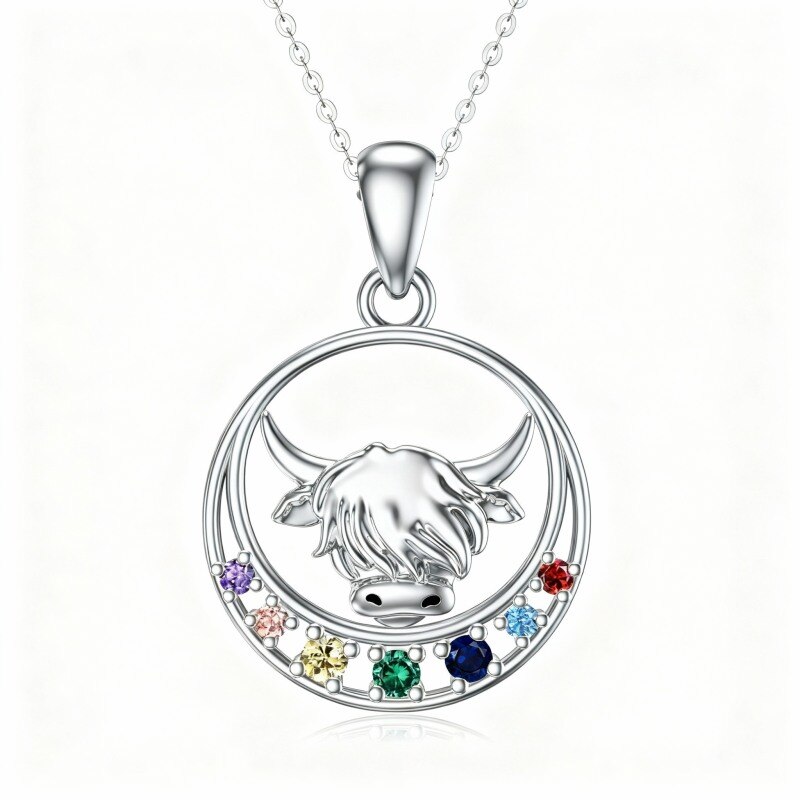 Halskette aus 10-karätigem Weißgold mit rundem Zirkonia-Anhänger in Form eines Hochlandrindes, Chakren und Mondes-9