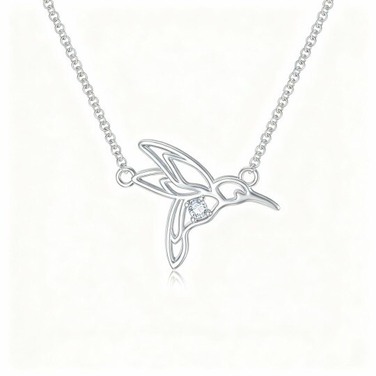 Collar con colgante de colibrí de oro blanco de 10 quilates con circonita cúbica de corte redondo