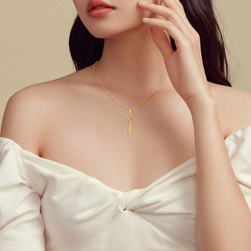 Collar con colgante de llave de circonita cúbica de corte redondo, chapado en oro blanco y platino-2