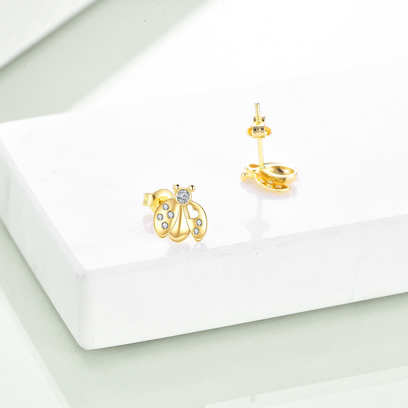 10K White Gold Round Cut Cubic Zirconia Ladybug Stud Earrings-3