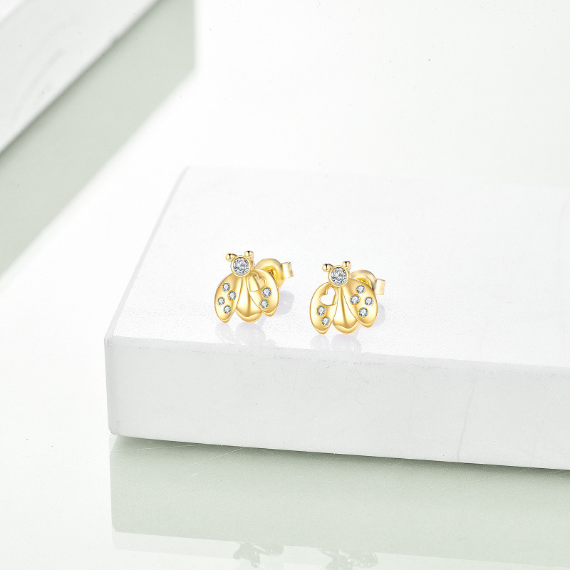 10K White Gold Round Cut Cubic Zirconia Ladybug Stud Earrings-4