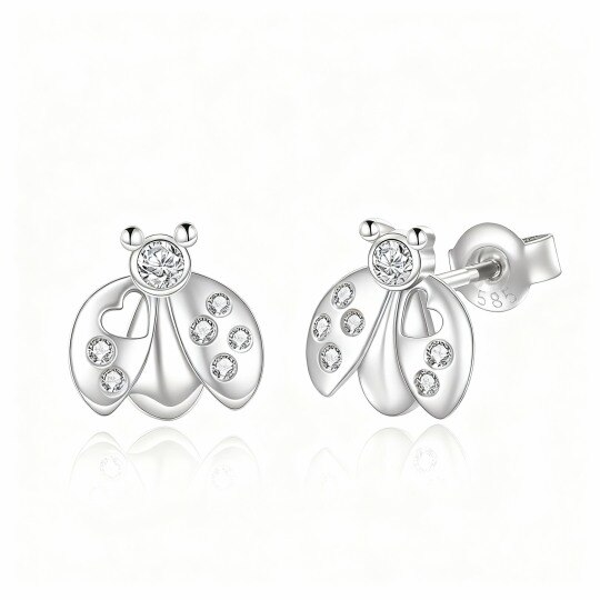 10K White Gold Round Cut Cubic Zirconia Ladybug Stud Earrings