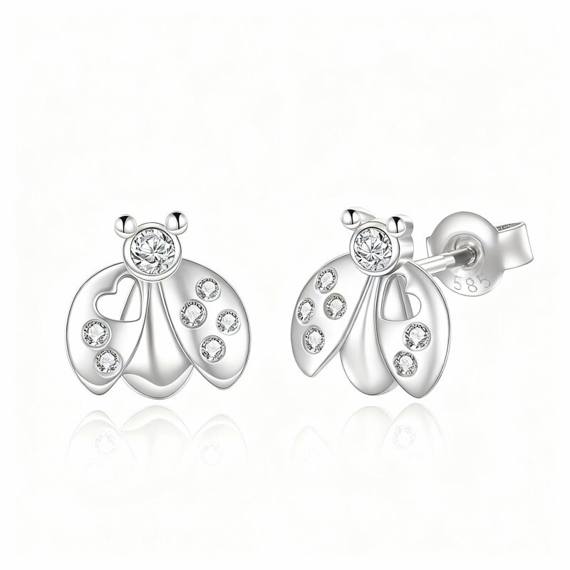 10K White Gold Round Cut Cubic Zirconia Ladybug Stud Earrings-1