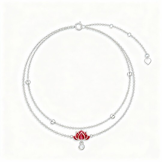Bracelet de cheville à plusieurs rangs en or blanc 10 carats avec zircon cubique taille ronde et pendentif lotus