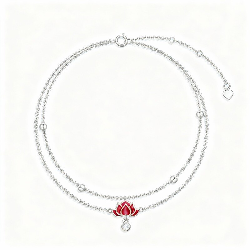 Tobillera de oro blanco de 10 quilates con circonita cúbica de talla redonda y dije de loto multicapa.-10