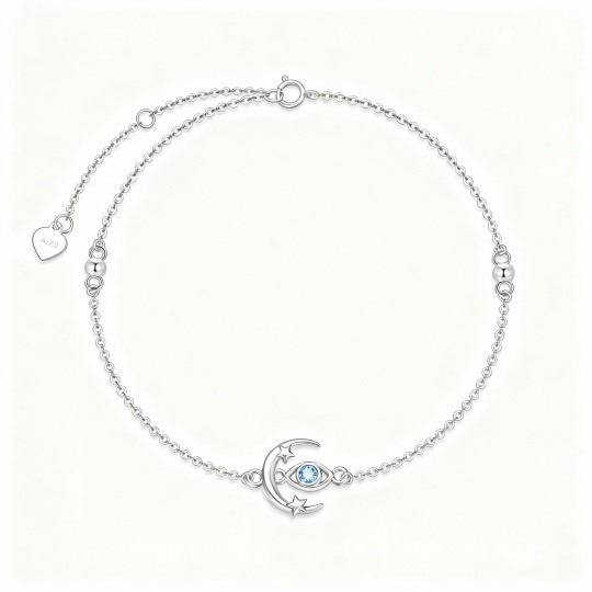 9K White Gold Round Cut Cubic Zirconia Moon Bead Station Chain Bracelet