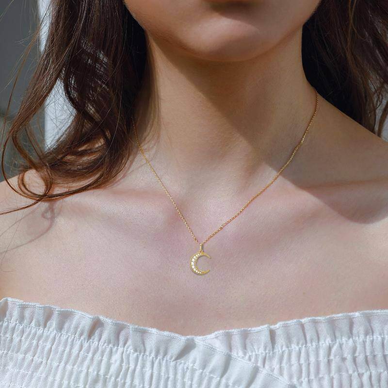 18K Gold Round Zircon Moon Pendant Necklace-2