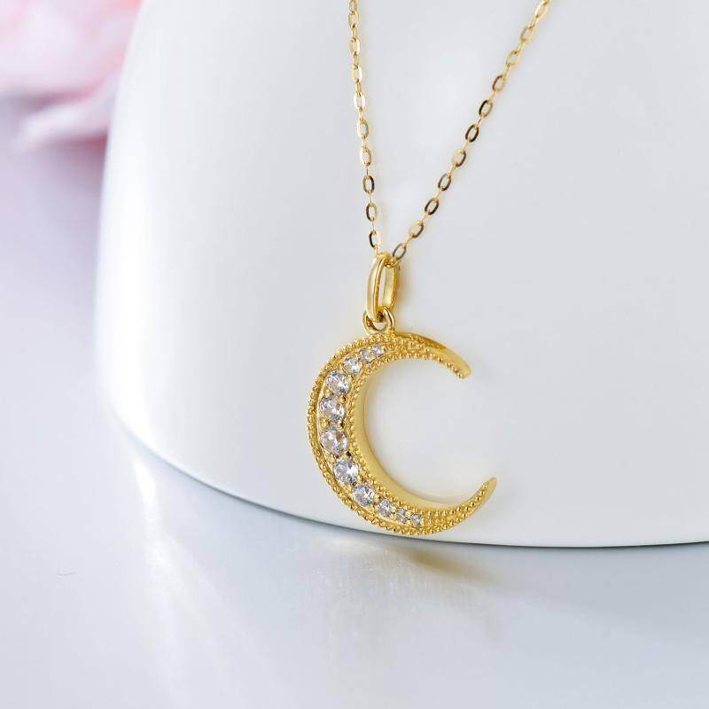 18K Gold Round Zircon Moon Pendant Necklace-3