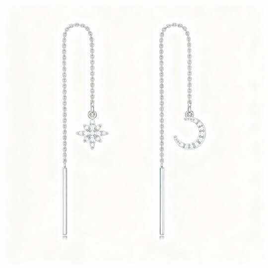 10K White Gold Round Cut Cubic Zirconia Moon & Star Drop Earrings
