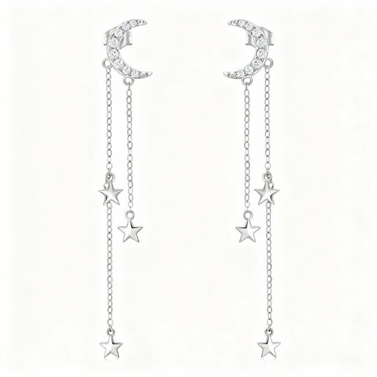 10K White Gold Round Cut Cubic Zirconia Moon & Star Drop Earrings