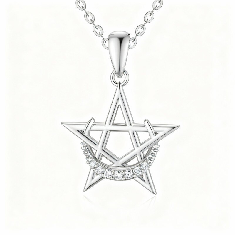 Collier pendentif lune et étoile en platine plaqué or blanc et zircon cubique rond-1