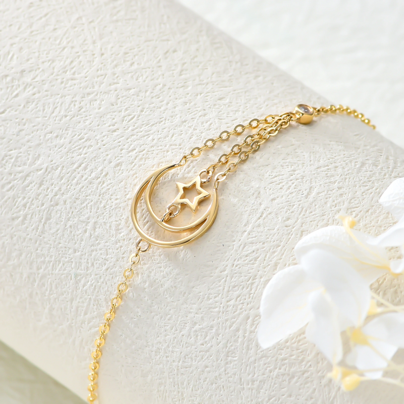 Tobillera de oro de 14 quilates con forma circular, luna y estrella, circonita cúbica, de una sola capa-3