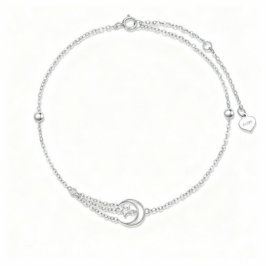 Bracelet de cheville simple rang en or blanc 10 carats avec pendentif lune et étoile en zircon cubique taille ronde