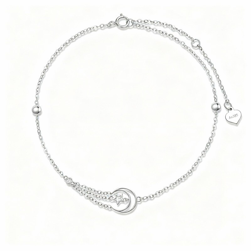 Bracelet de cheville simple rang en or blanc 14 carats avec pendentif lune et étoile en zircon cubique taille ronde-1