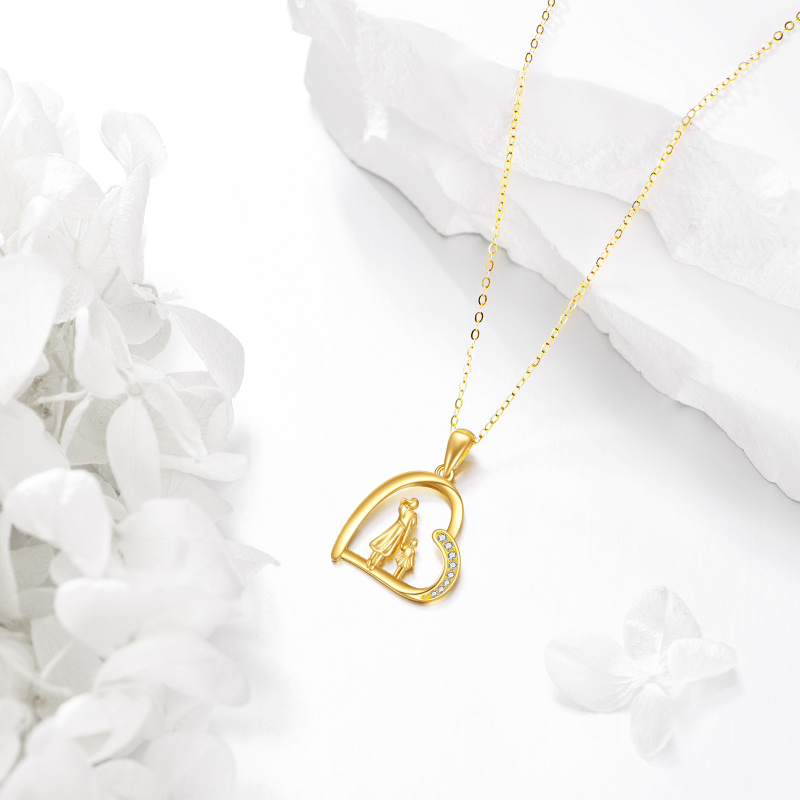 Halskette mit Anhänger „Mutter mit Tochter“ und Herz aus 14-karätigem Gold, runder Zirkonia, Mutter- und Tochteranhänger für Mama-3