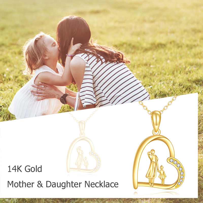 Halskette mit Anhänger „Mutter mit Tochter“ und Herz aus 14-karätigem Gold, runder Zirkonia, Mutter- und Tochteranhänger für Mama-5