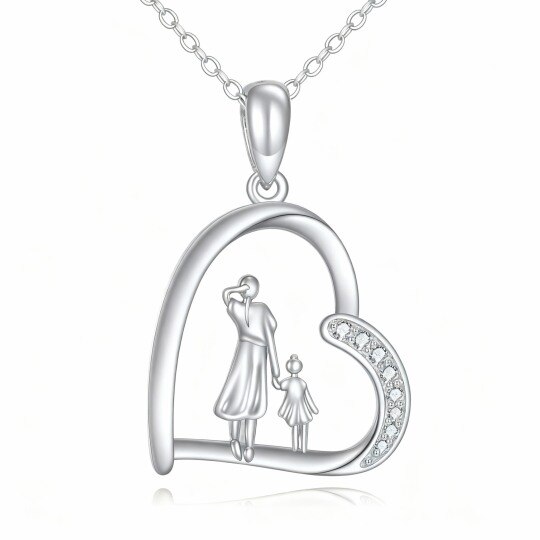 10K White Gold Round Cut Cubic Zirconia Mother & Daughter & Heart Pendant Necklace