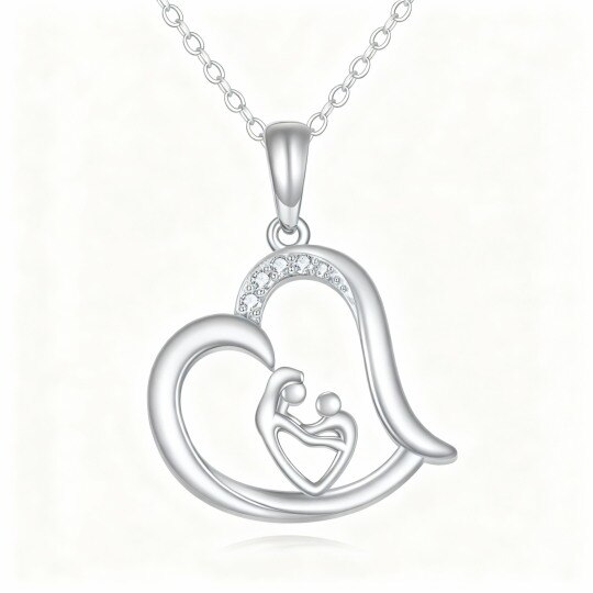 10K White Gold Round Cut Cubic Zirconia Mother & Daughter & Heart Pendant Necklace