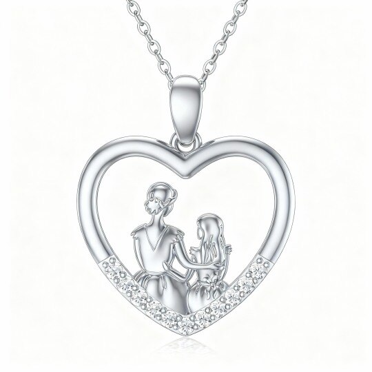 10K White Gold Round Cut Cubic Zirconia Mother & Daughter & Heart Pendant Necklace