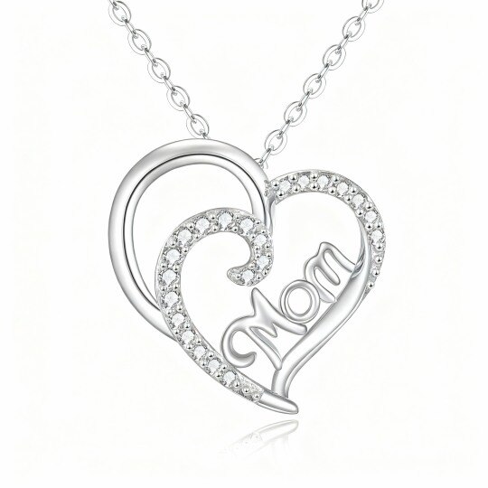 Collar con colgante de corazón y madre en oro blanco de 10 quilates con circonita cúbica de talla redonda