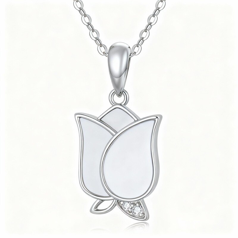 10K White Gold Round Cut Cubic Zirconia & Mother Of Pearl Rose Pendant Necklace-19
