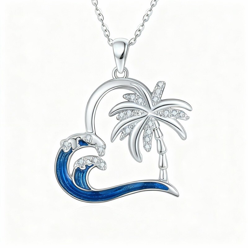 Platinum with White Gold Plated Round Cut Cubic Zirconia Palm Tree & Heart & Spray Pendant Necklace-1
