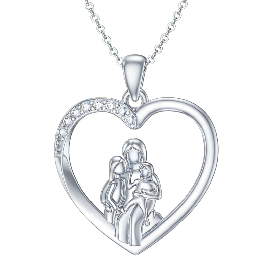 10K White Gold Round Cut Cubic Zirconia Parents & Children & Heart Pendant Necklace