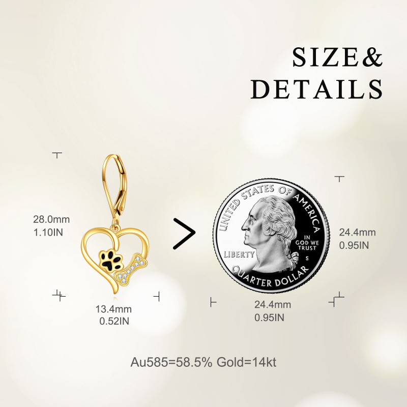 Boucles d'oreilles à fermoir à levier en or blanc 14 carats avec zircon cubique rond en forme de patte, d'os et de cœur-5