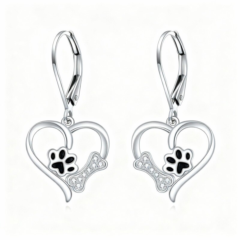 Boucles d'oreilles à fermoir à levier en or blanc 14 carats avec zircon cubique rond en forme de patte, d'os et de cœur-1