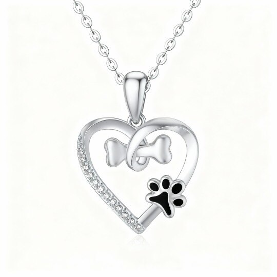 10K White Gold Round Cut Cubic Zirconia Paw & Bone & Heart Pendant Necklace