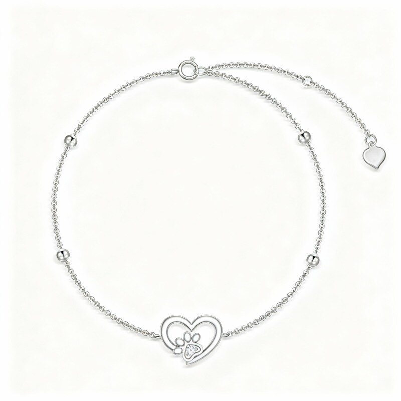 10K White Gold Round Cut Cubic Zirconia Paw & Heart Charm Bracelet-1