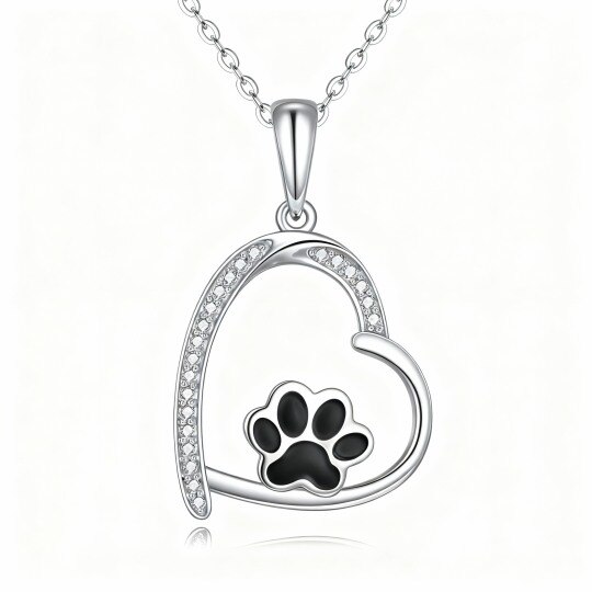 10K White Gold Round Cut Cubic Zirconia Paw & Heart Pendant Necklace