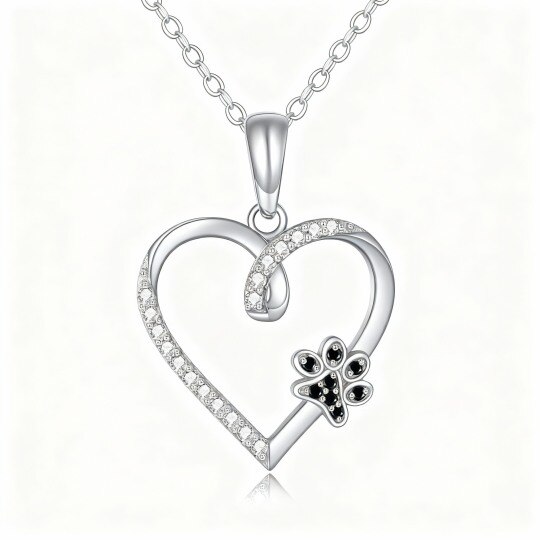 10K White Gold Round Cut Cubic Zirconia Paw & Heart Pendant Necklace