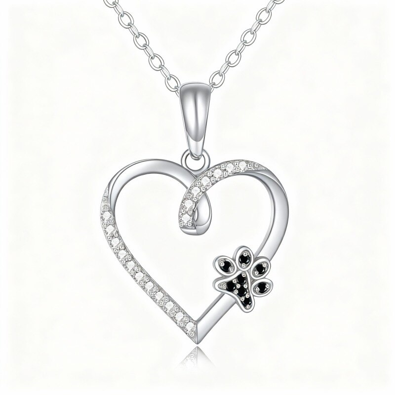 10K White Gold Round Cut Cubic Zirconia Paw & Heart Pendant Necklace-1