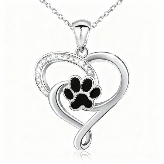 10K White Gold Round Cut Cubic Zirconia Paw & Heart Pendant Necklace
