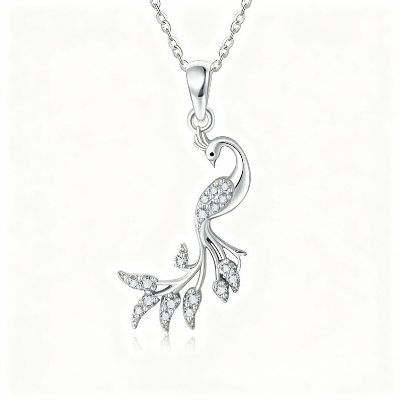 10K White Gold Round Cut Cubic Zirconia Peacock Pendant Necklace-19