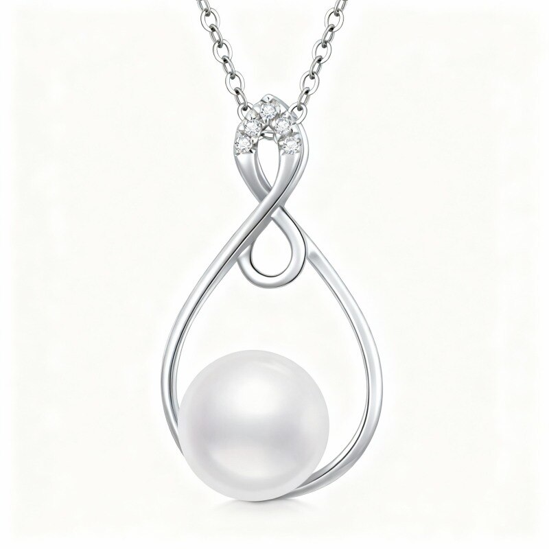 Platinum with White Gold Plated Round Cut Cubic Zirconia & Pearl Bead & Infinity Symbol Pendant Necklace-1