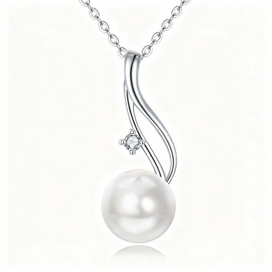 10K White Gold Round Cut Cubic Zirconia & Pearl Bead Pendant Necklace