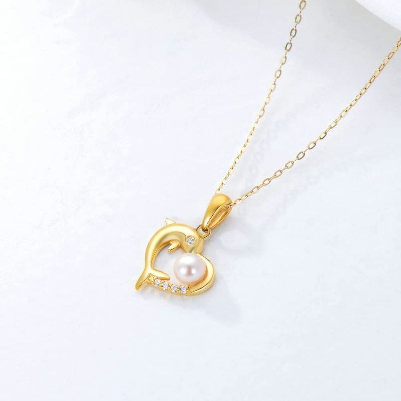 Collier pendentif dauphin et cœur en or blanc 14 carats, zircon cubique taille ronde et perle-4