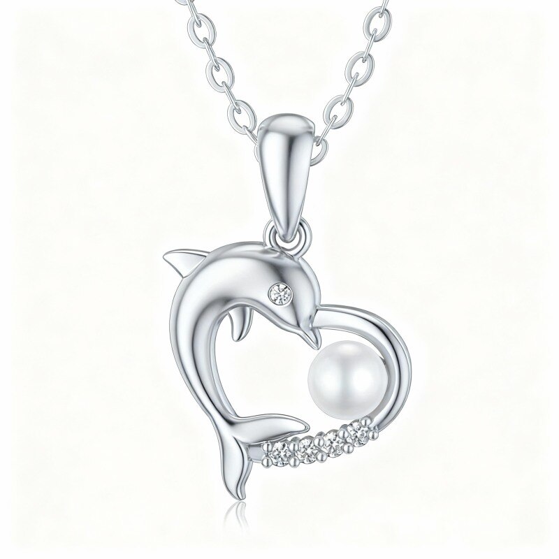Collier pendentif dauphin et cœur en or blanc 14 carats, zircon cubique taille ronde et perle-1