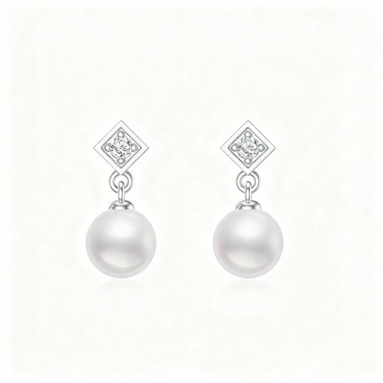 10K White Gold Round Cut Cubic Zirconia & Pearl Drop Earrings