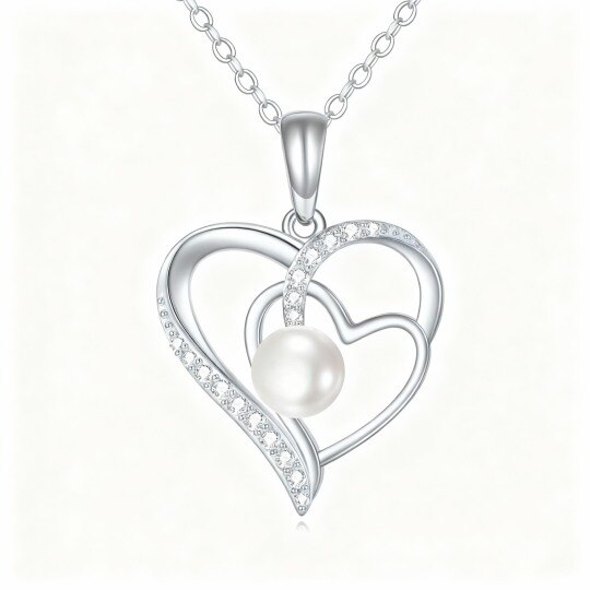 Collier pendentif cœur en or blanc 10 carats avec zircon cubique rond et perle