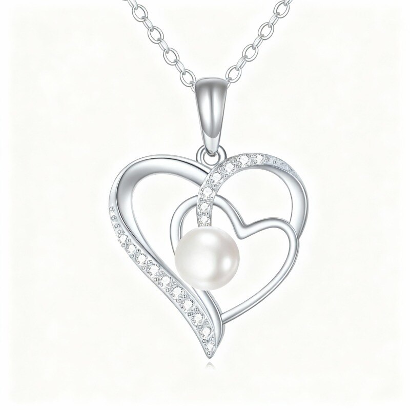 Collier pendentif cœur en or blanc 10 carats avec zircon cubique rond et perle-1