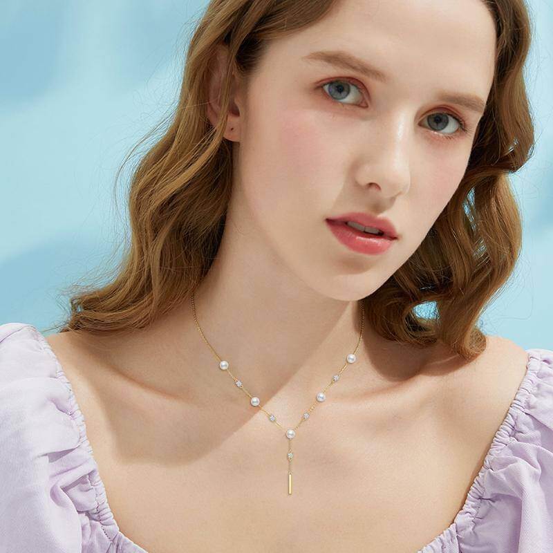Collar en Y no ajustable de oro de 9 quilates con circonitas cúbicas circulares y perlas-2