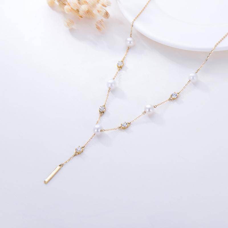 Collar en Y no ajustable de oro de 9 quilates con circonitas cúbicas circulares y perlas-3