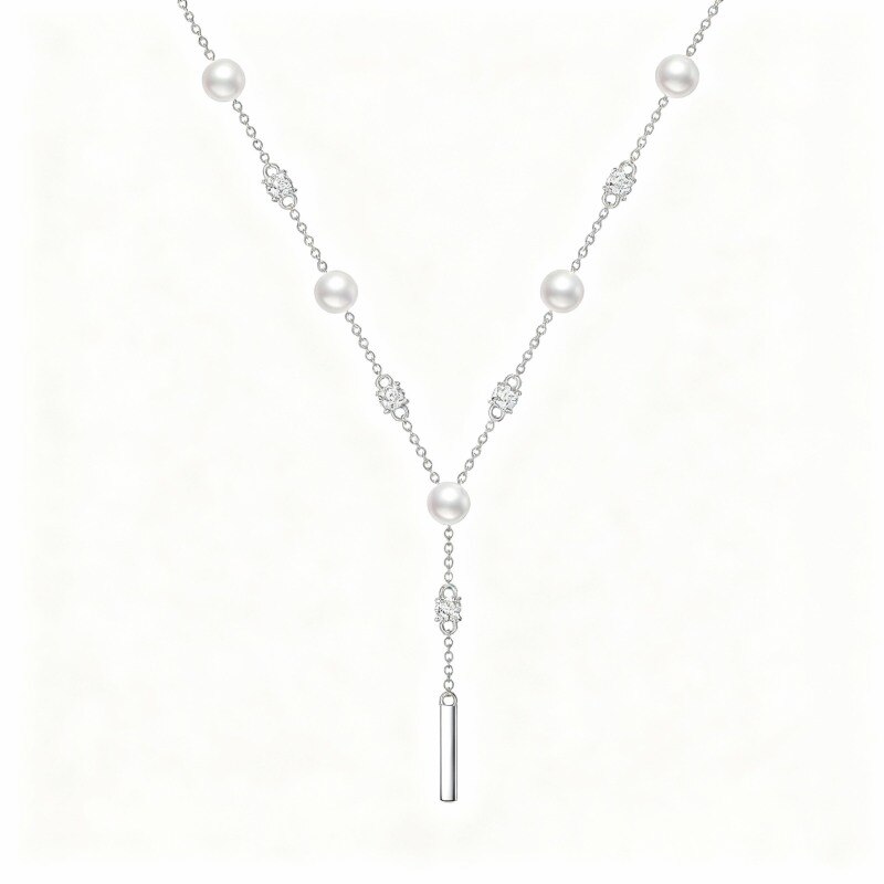 Collar en Y no ajustable de platino con circonitas cúbicas de talla redonda y perla chapado en oro blanco-1