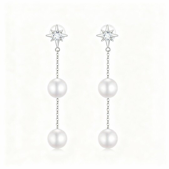 Boucles d'oreilles pendantes en or blanc 10 carats, zircon cubique rond et perle, motif pentagramme