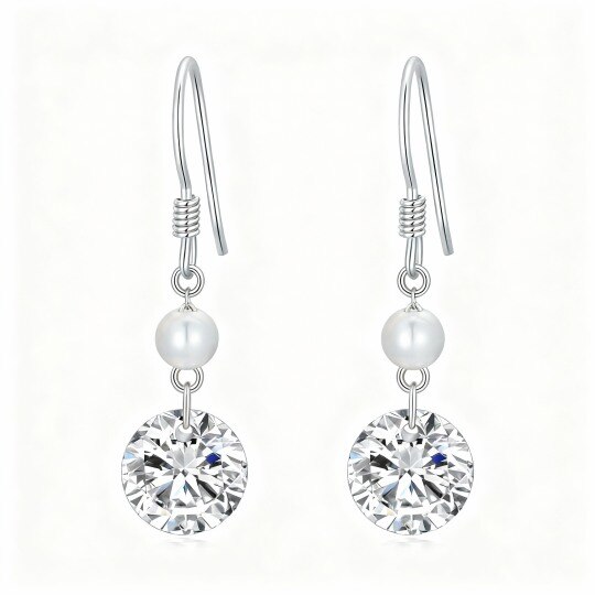 Boucles d'oreilles pendantes rondes en or blanc 10 carats, zircon cubique taille ronde et perle