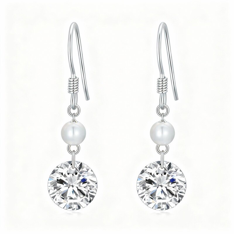 Boucles d'oreilles pendantes rondes en or blanc 18 carats, zircon cubique taille ronde et perle-1